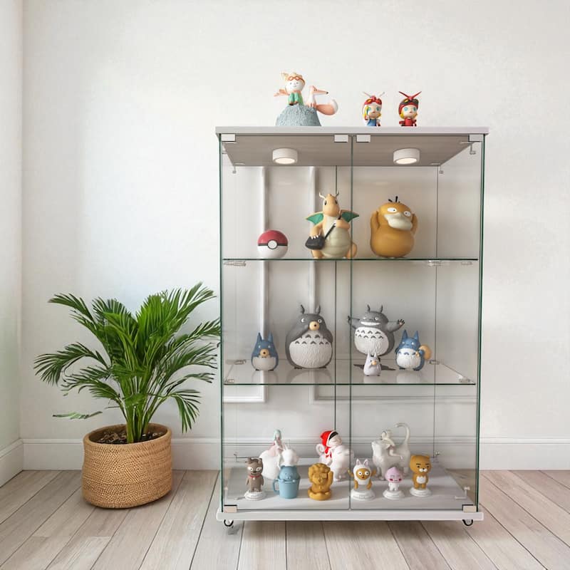 Modern 2-Door Glass Display Cabinet with LED Lights, 3-Shelf Tempered Glass Showcase for Collectibles and Storage