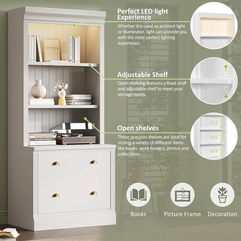 83.4" Tall Bookshelf with LED Lighting, 2 Drawers and 3 Open Shelves