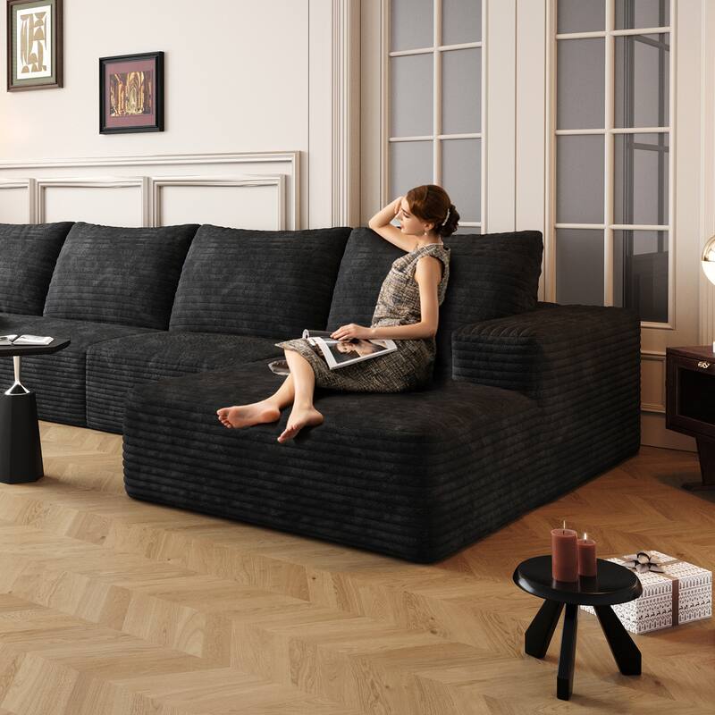Modular Sectional Sofa with L-Shape Chaise, Oversized Corduroy Upholstered Cloud Couch, Deep Seat Sofa with Pillows