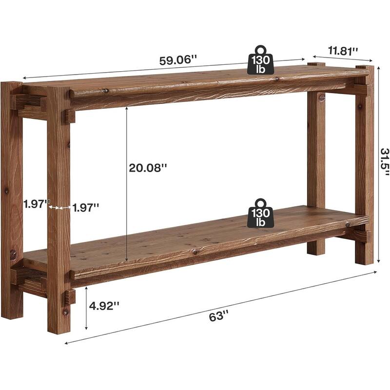 63-Inch Solid Wood Console Table, 2-Tier Farmhouse Entryway Table with Storage