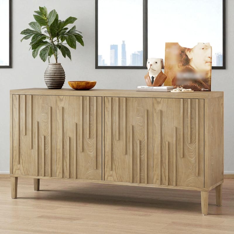 59.8" Wood Sideboard Buffet with Hidden Handles, Ash Veneer 4-Door Cabinet with Storage, Farmhouse Credenza