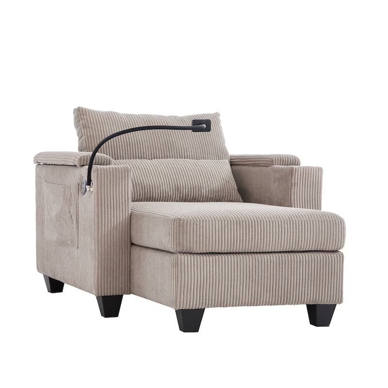 Convertible Chaise Lounge 37.4" Sofa Chair Sofa Bed Corduroy Sleeper Sofa with USB Ports, Two Cup Holders