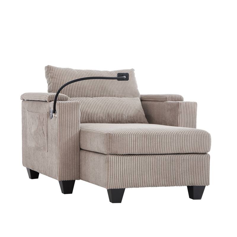 Convertible Chaise Lounge Sofa Chair with USB Ports, Storage 37.4" Corduroy Sleeper Sofa Bed with Adjustable Backrest