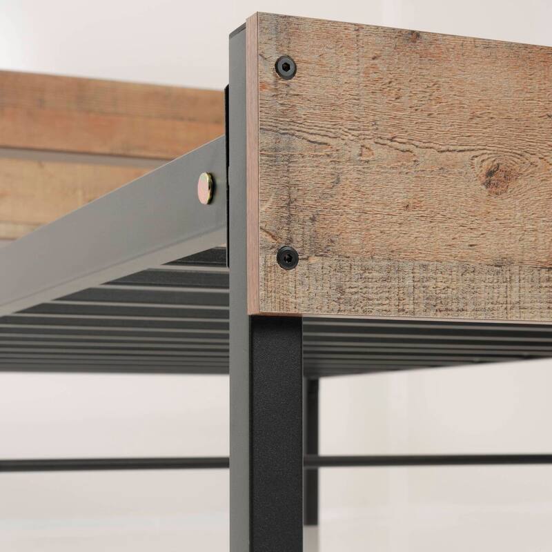 Twin Bed Frame Metal & Wood Style - Rustic Bed with Storage & Sturdy Base