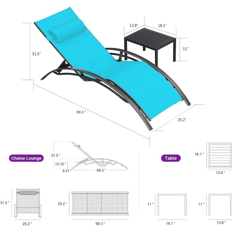 PURPLE LEAF Patio Chaise Lounge Set Outdoor Beach Pool Sunbathing Lawn Lounger Recliner Chair Side Table Included