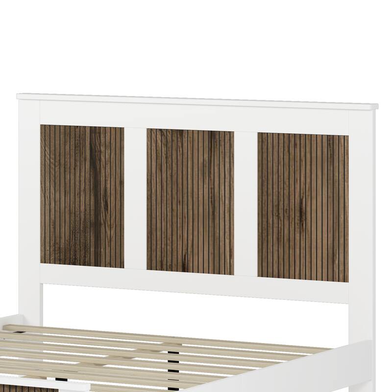 Wooden Platform Bed, Wingback Bed Frame with Wooden Strip Decoration Headboard and Footboard, Plywood Slats Support