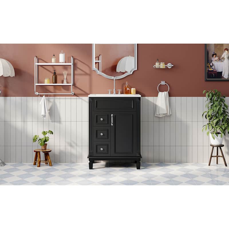 24" Bathroom Vanity With Ceramic Sink, Small Bathroom Sink Cabinet, Modern Cabinet With 2 Drawers And Adjustable Shelf