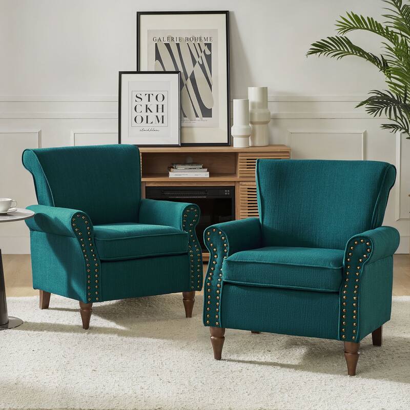 Nyctelius Upholstered Comfy Accent chair with Turned Wooden Legs and Nailhead Trim Set of 2 by HULALA HOME
