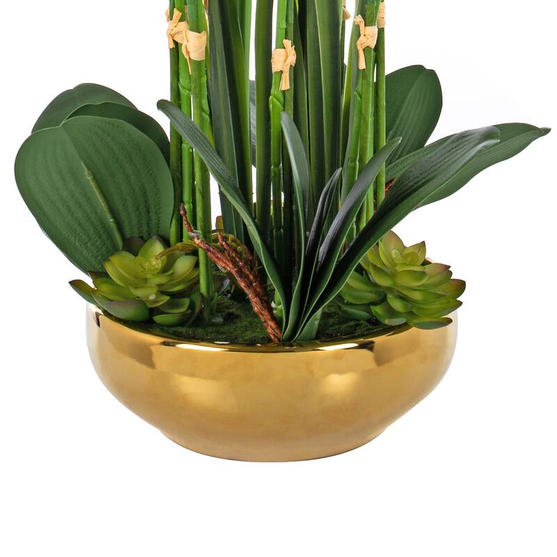 8 Pieces Nearly Natural Plastic Phalaenopsis Orchid with Green Leaf in Gold-Plated Ceramic Basin - 23.62" H x28.35" W x 28.35" D