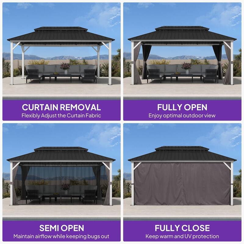 PURPLE LEAF Patio Hardtop Gazebo for Outdoor Grey Galvanized Steel Double Roof White Aluminum Poles
