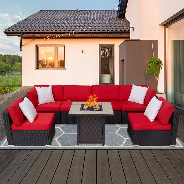 slide 1 of 13, Kinbor 7-piece Patio Furniture Sectional Sofa Set w/ Fire Pit Table, Wicker Rattan Outdoor Conversation Sets Propane Fire Pit