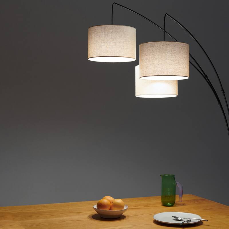 Brightech Trilage 84 in. Classic Black Mid-Century Modern 3-Light Adjustable LED Floor Lamp with 3 Beige Fabric Drum Shades