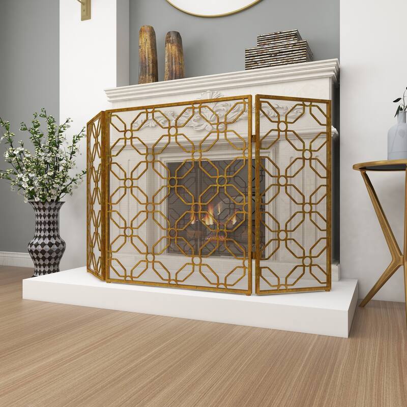 Gold Metal Foldable Mesh Netting 3 Panel Geometric Fireplace Screen