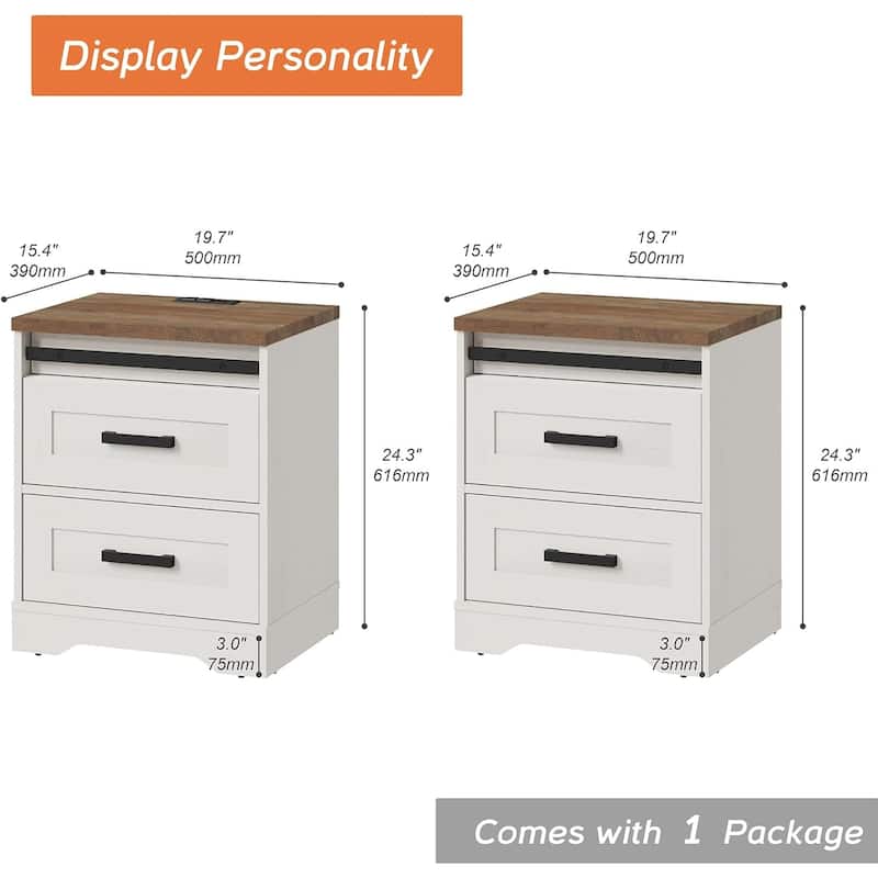 24.3-inch Tall Farmhouse Nightstand Set of 2 with Charging Station