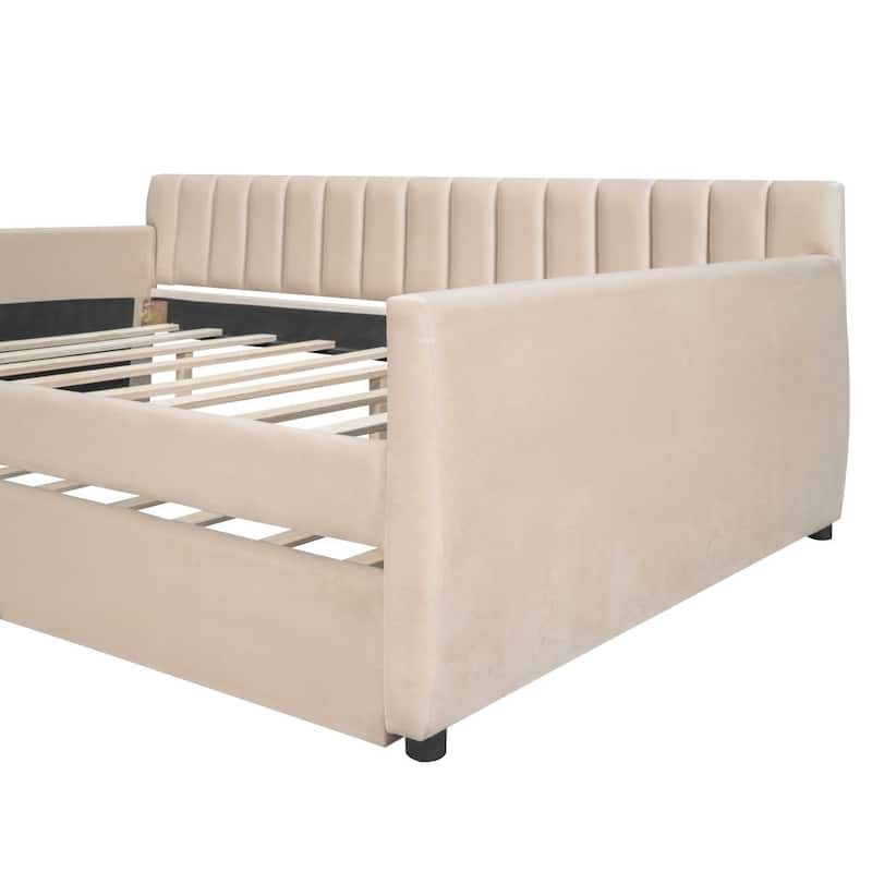 Full /Twin Size Upholstered daybed with Trundle and Wood Slat Support, Beige
