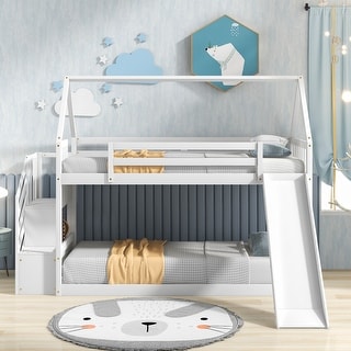 Twin over Twin House Bunk Bed with Slide and Storage Staircase - Bed ...