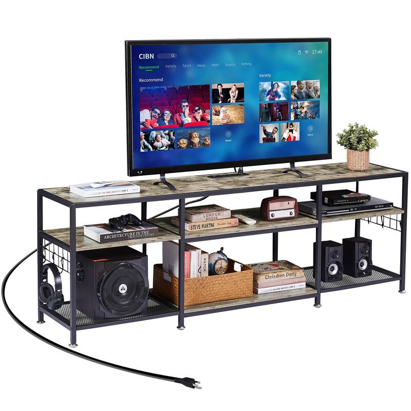 VECELO Wood TV Stand with Charging Station with Metal Frame, Storage Shelves Entertainment Center TV Cabinet