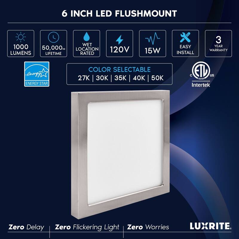 Luxrite 6 Inch Square LED Flush Mount Light, 15W 1000LM, 5CCT 2700K-5000K, Dimmable, Brushed Nickel