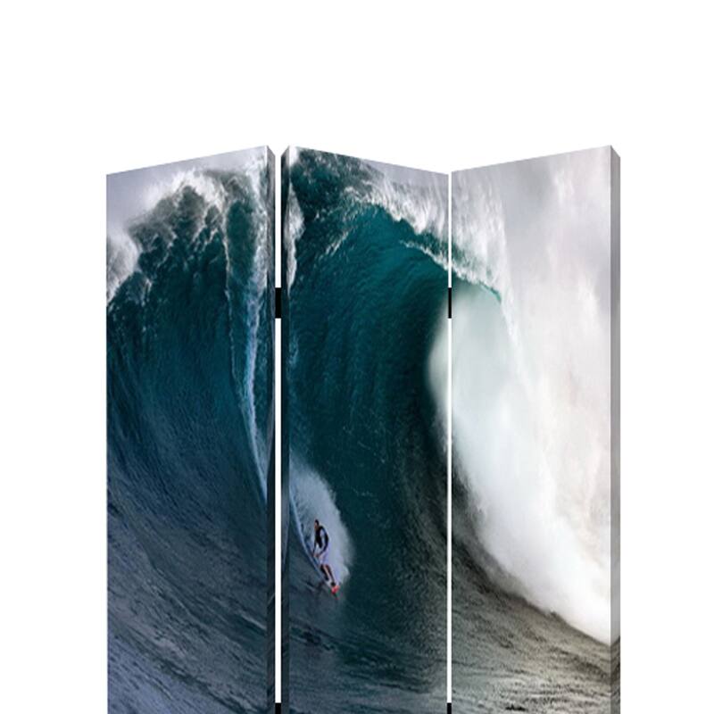 Surfing High Wave Print Foldable Canvas Screen with 3 Panels, Blue - 6 x 12