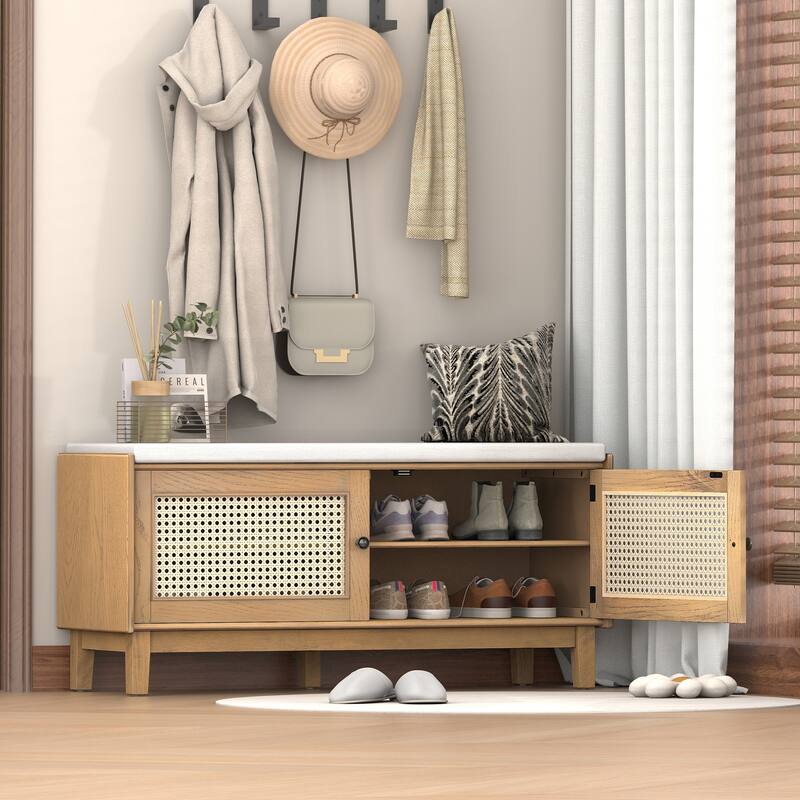 Rattan Entryway Bench with Storage, Cushioned Shoe Bench with Double Doors, Wooden Shoe Organizer Bench for Entryway