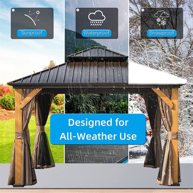GDFStudio - Harper Outdoor Gazebo with Cedar Wood Frame and Galvanized Steel Double Roof