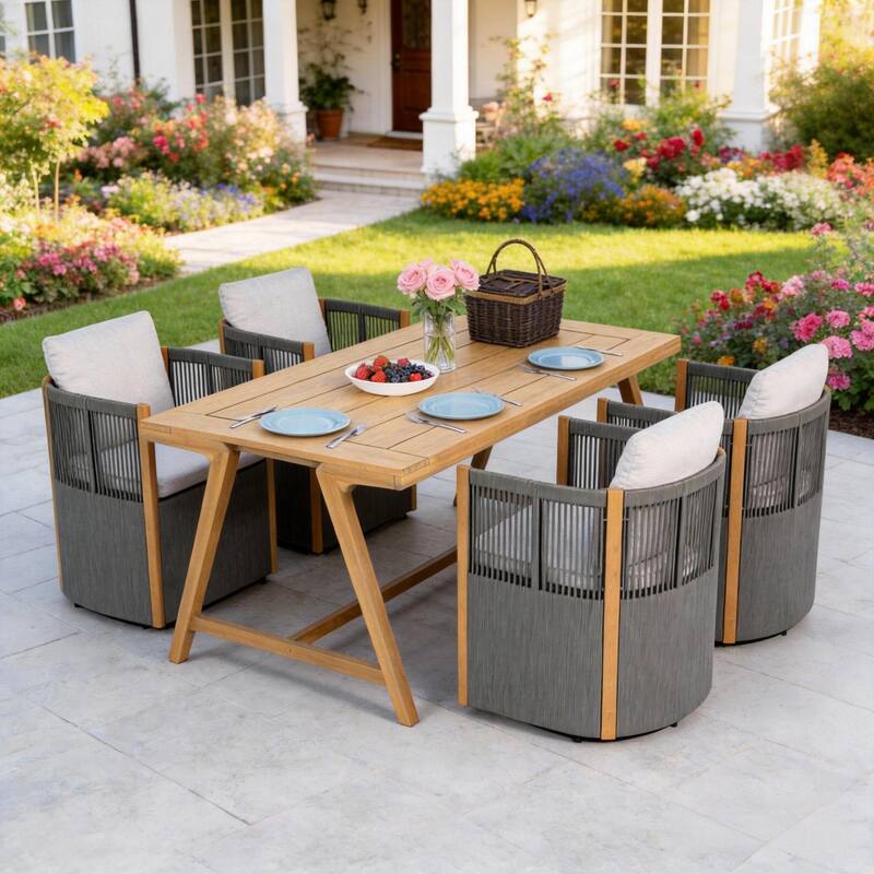 Christopher Knight Home - Maris 5-Piece Outdoor Acacia Wood Swivel Dining Set with 70.75" Rectangular Slat Table and Cushions - Teak Finish+Grey+Beige