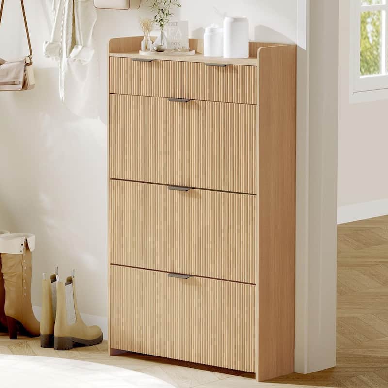 Slim Shoe Cabinet with 3 Flip Drawers & 2 Top Drawers