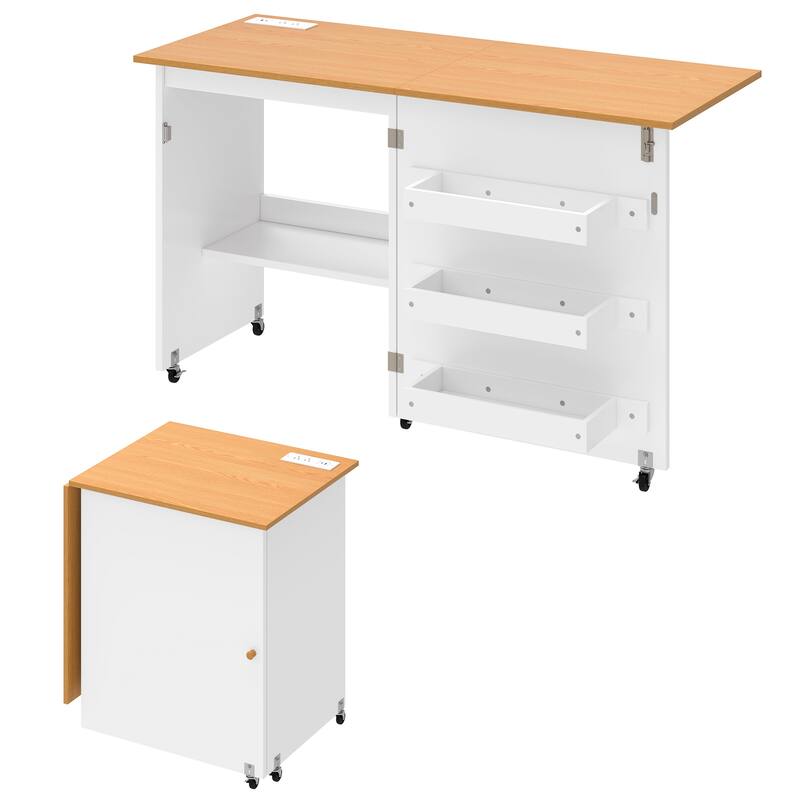 Moasis Folding Sewing Craft Table with Storage Shelves Cabinet With Charge Station