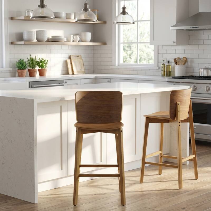 Roomfitters Pari Indoor Wooden Barstools with Curved Plywood Backrest, Walnut Finish Set of 2 - Set of 2