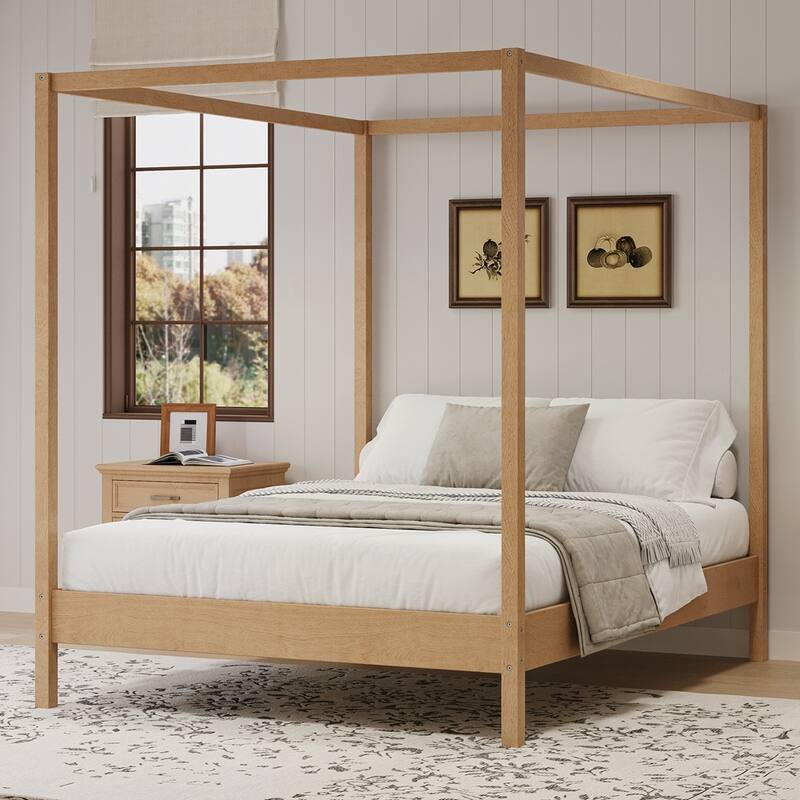 Solid Wood Canopy Bed Frame Four Poster Platform Bed with Slats Support