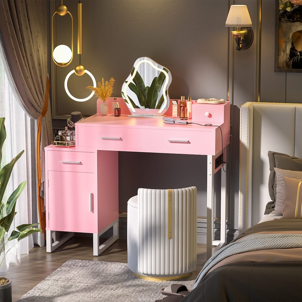 Vanity Desk with 4 Storage Drawers,Modern Makeup Vanity Table with Charging Station