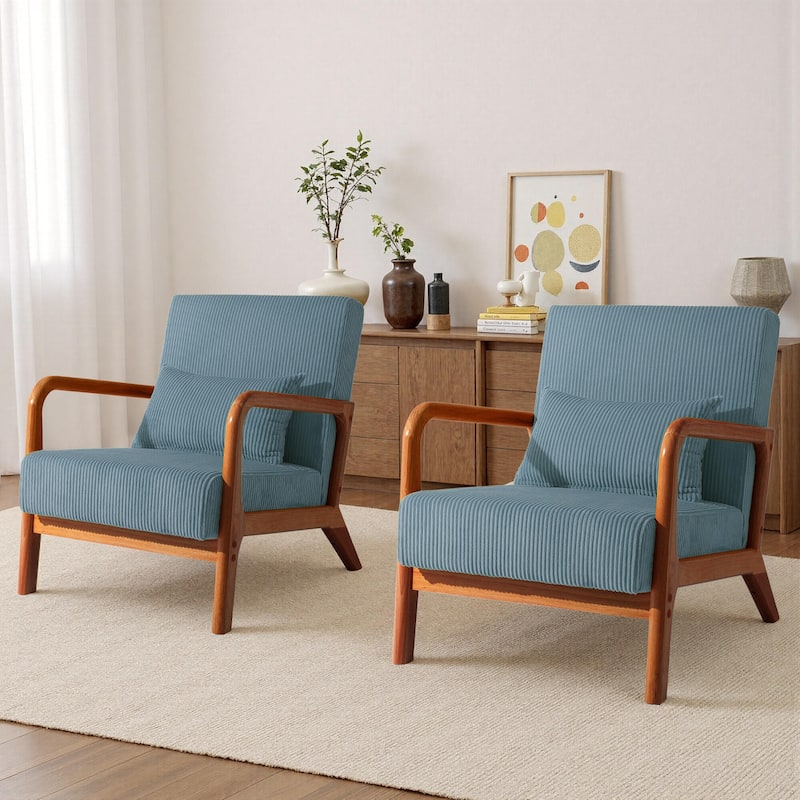 25" W Mid Century Upholstered Wood Accent Chair with Pillow set of 2 - Dark Wood - Blue
