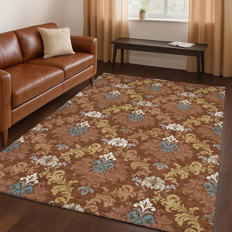 Machine Washable Indoor/ Outdoor Damask Patna Chantille Rug