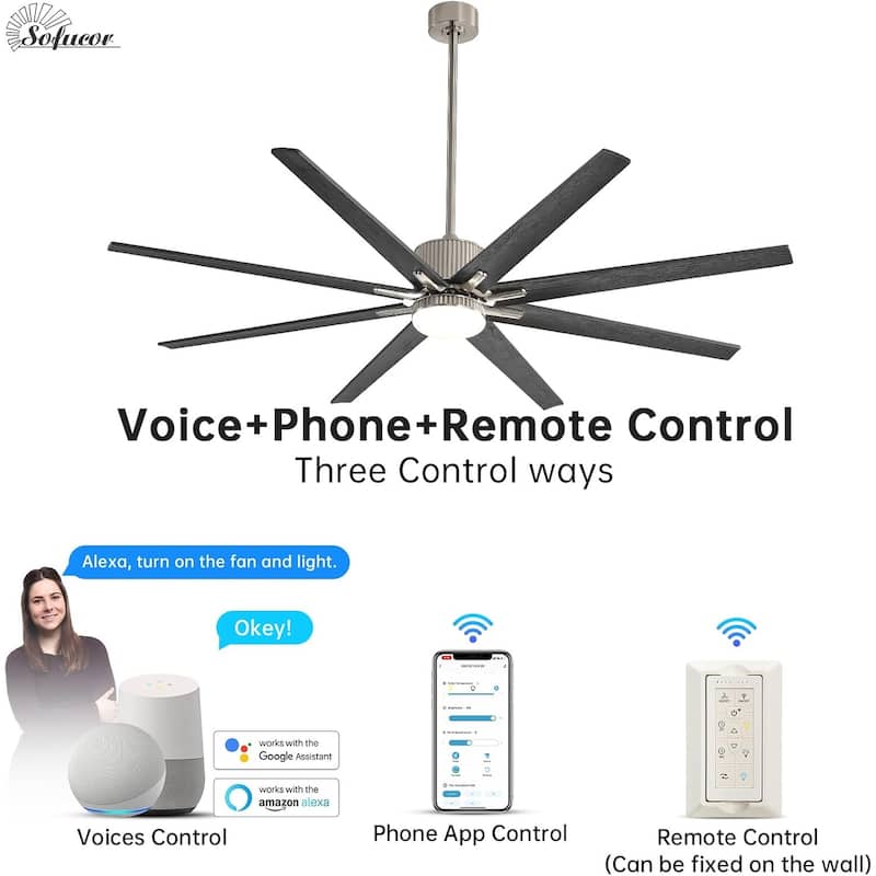 76 Inch Ceiling Fan with Light and Remote,8 Solid Wood Blades,Smart Control,Reversible Airflow - 76 inch - Nickel with Black Blades