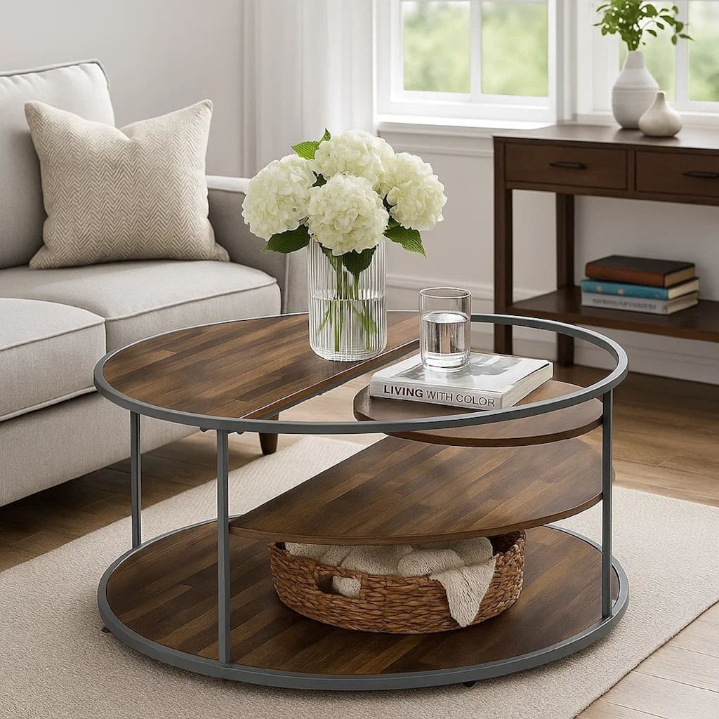 Lenn 35 Inch 3 Tier Round Brown Coffee Table, Half Shelf Design, Gray Frame