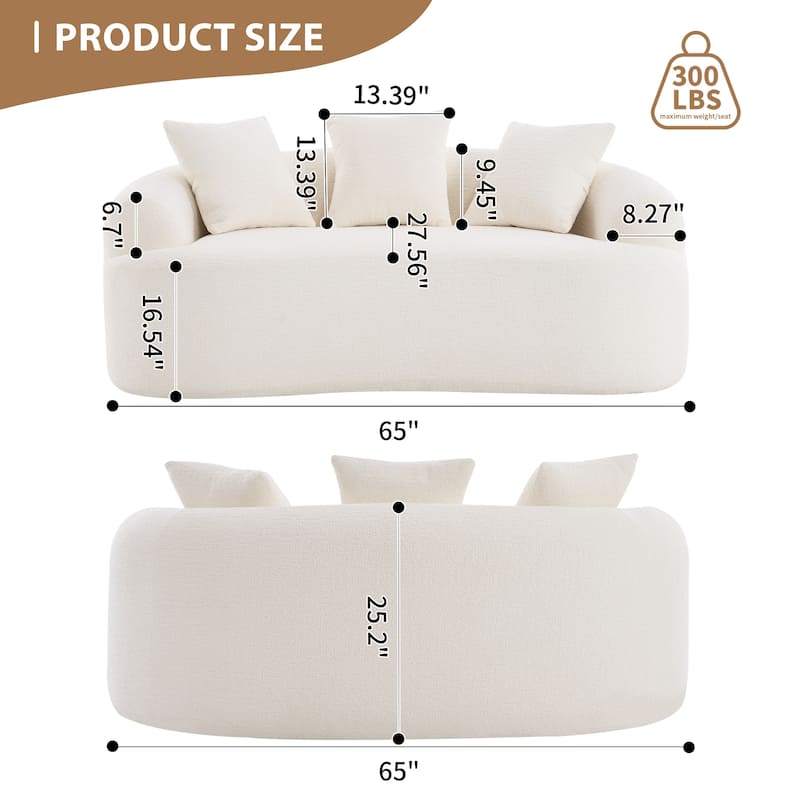 Small Chenille Upholstered Loveseat Sofa, Deep Seat Compression Boneless Couch, Curved Floor Sofa with 3 Pillows