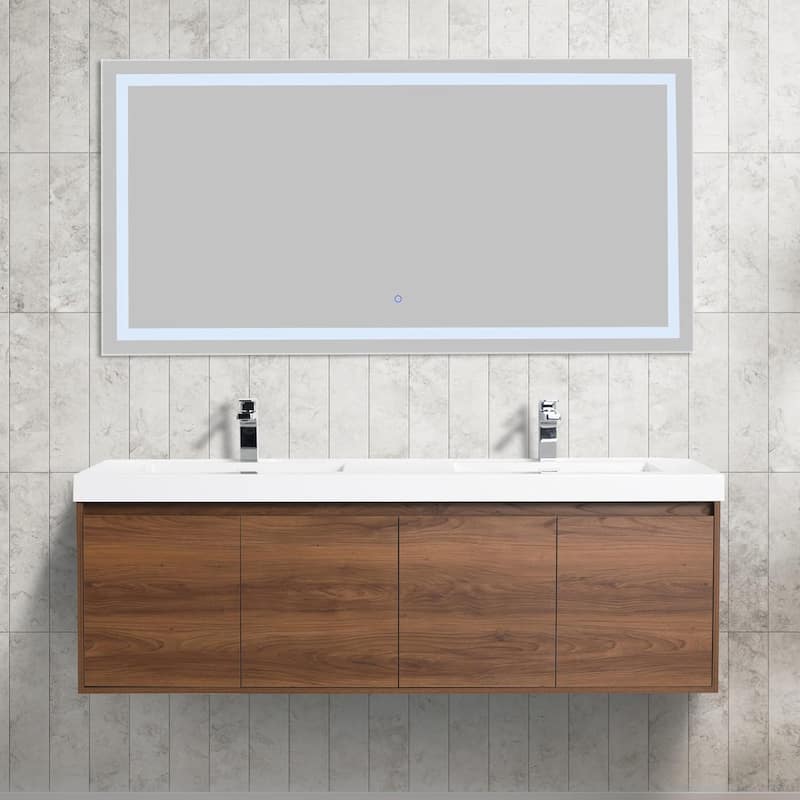 Blossom 60" Wall Mount Vanity with Double Acrylic Sink, Modern Design - Brown Walnut