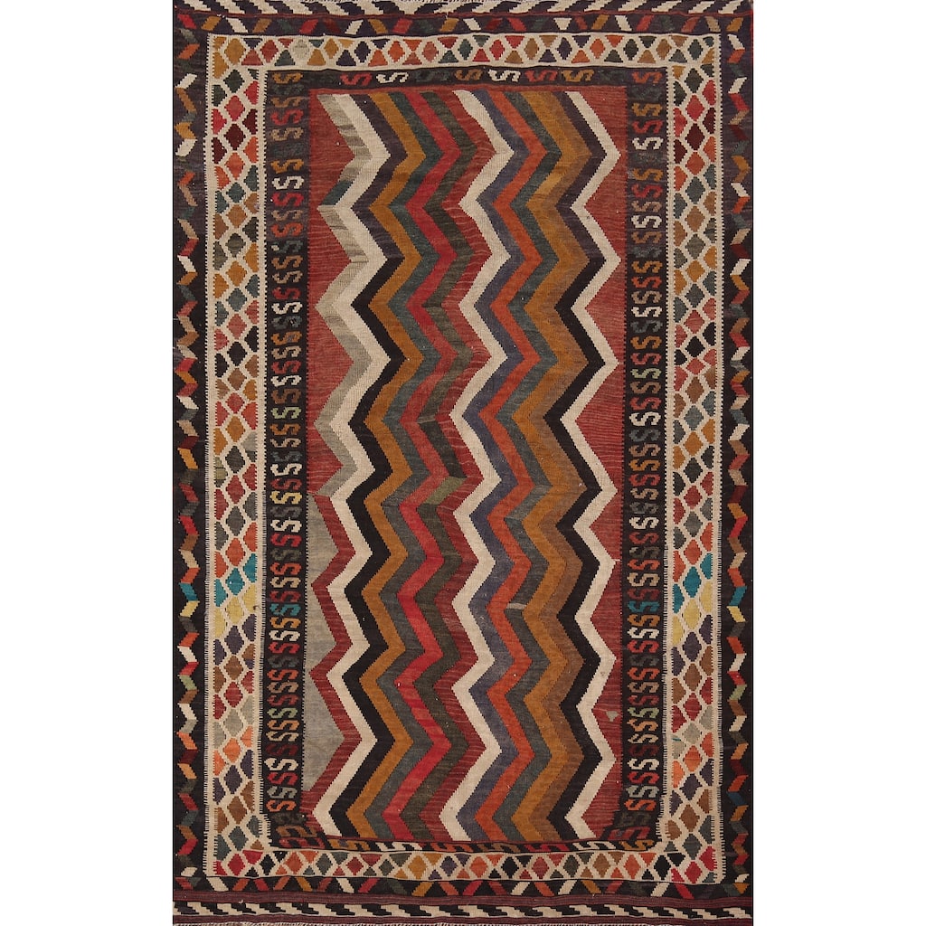 Vegetable Dye Tribal Kilim Qashqai Persian Vintage Wool Carpet - 5'3" X 8'3"