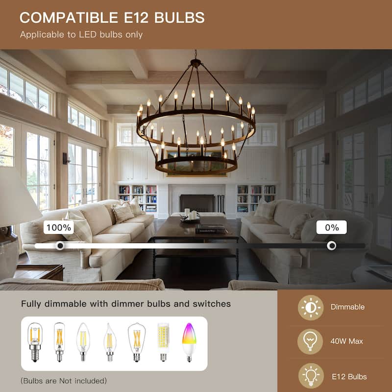 36-Light Black Wagon Wheel Chandelier Rustic Farmhouse Ceiling Light with Adjustable Height - 2 Tier 36lights