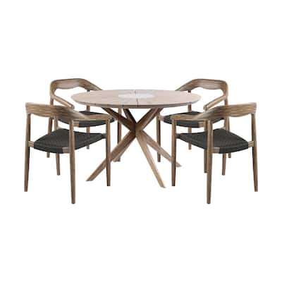 Mid-Century Solid Eucalyptus Wood and Rope Outdoor Patio 5 Piece Round Dining Set