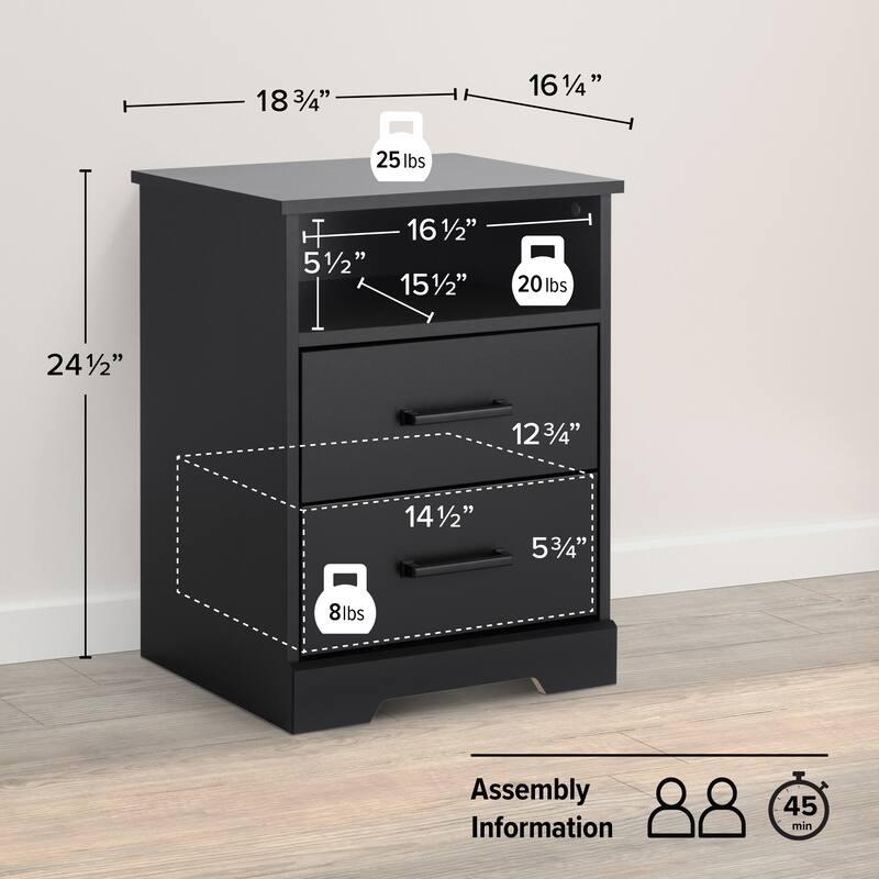 Prepac Rustic Ridge Farmhouse Nightstand Bedside Table, Nightstand for Bedroom, End Table with 2 Drawers and Open Shelf