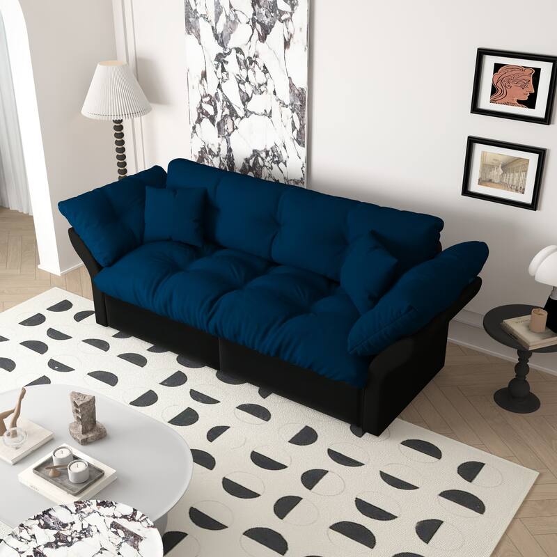 74.8" Queen Sleeper Sofa - 3-in-1 Tufted Velvet Loveseat with Pull-Out Bed & 2 Pillows, Multi-Functional