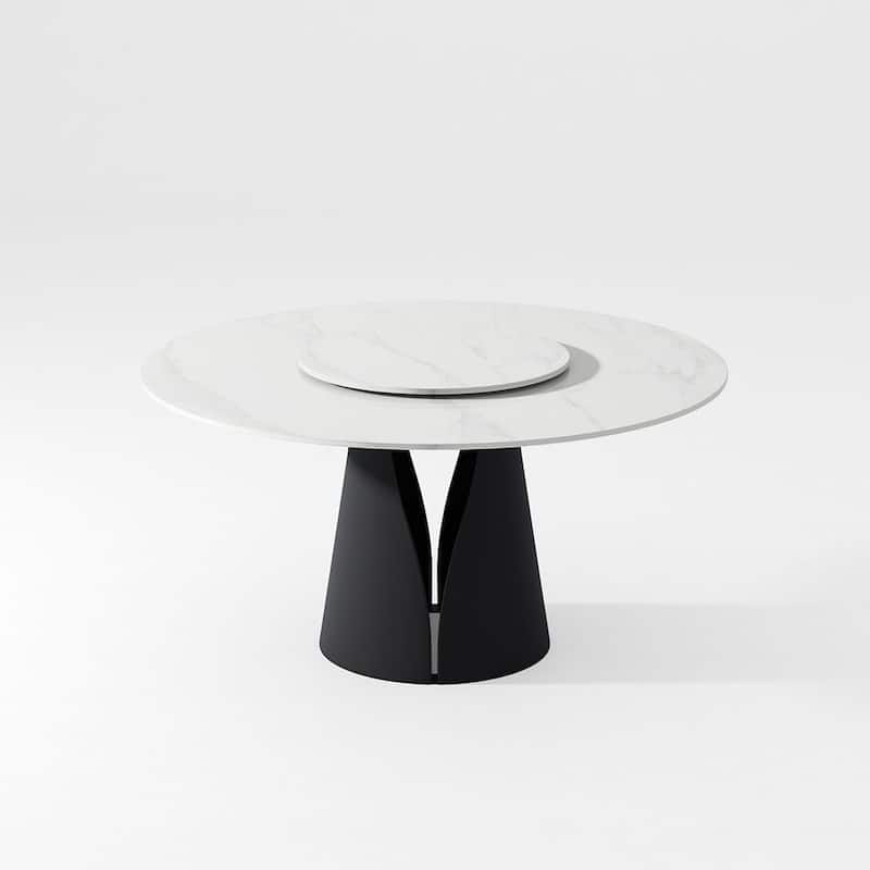 Modern Round White Dining Table，Sintered Stone Tabletop, Solid Black Carbon Steel Base