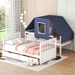Twin Over Twin Solid Wood Bunk Bed with Tent and Storage Drawers - Bed ...