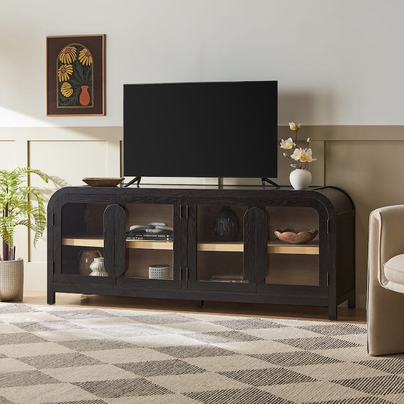 Walker Edison Modern Curved Easy Assembly TV Stand with Glass Paneled Doors