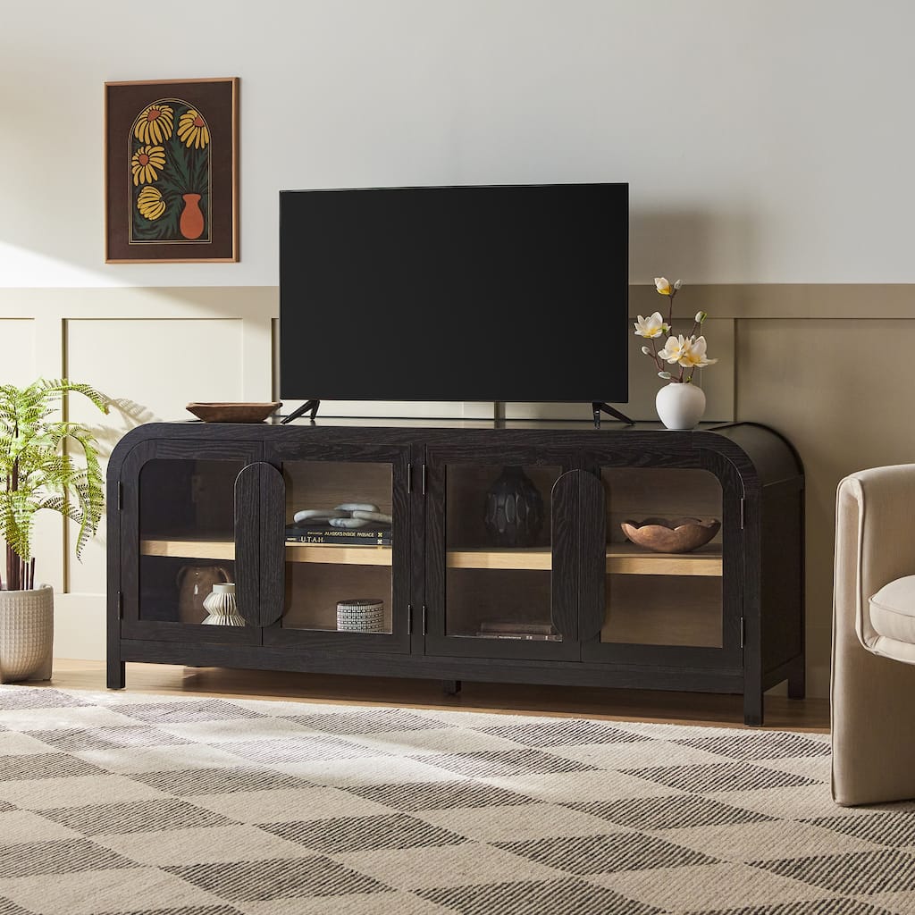 Walker Edison Modern Curved Easy Assembly TV Stand with Glass Paneled Doors