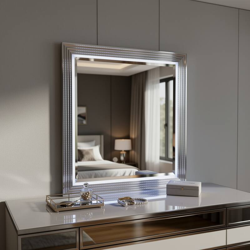 HomeRoots 42" Silver And White Wood Square Lighted Dresser Mount Framed Mirror - 41.73 in. x 41.73 in. x 2.05 in. - 41.73 in. x 41.73 in.  x 2.05 in.