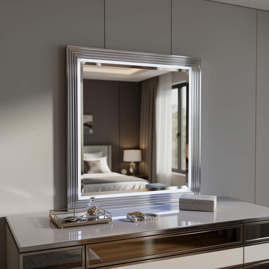 HomeRoots 42" Silver And White Wood Square Lighted Dresser Mount Framed Mirror - 41.73 in. x 41.73 in. x 2.05 in.