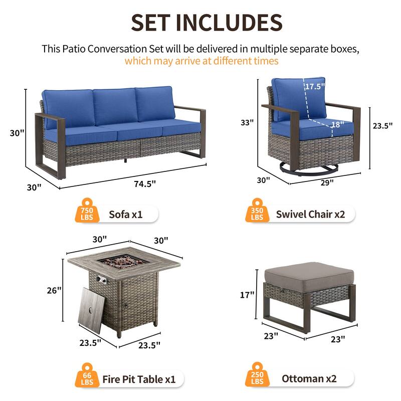 Pocassy 4/6/8PCS Sofa Swivel Chair with Fire Pit Table Set