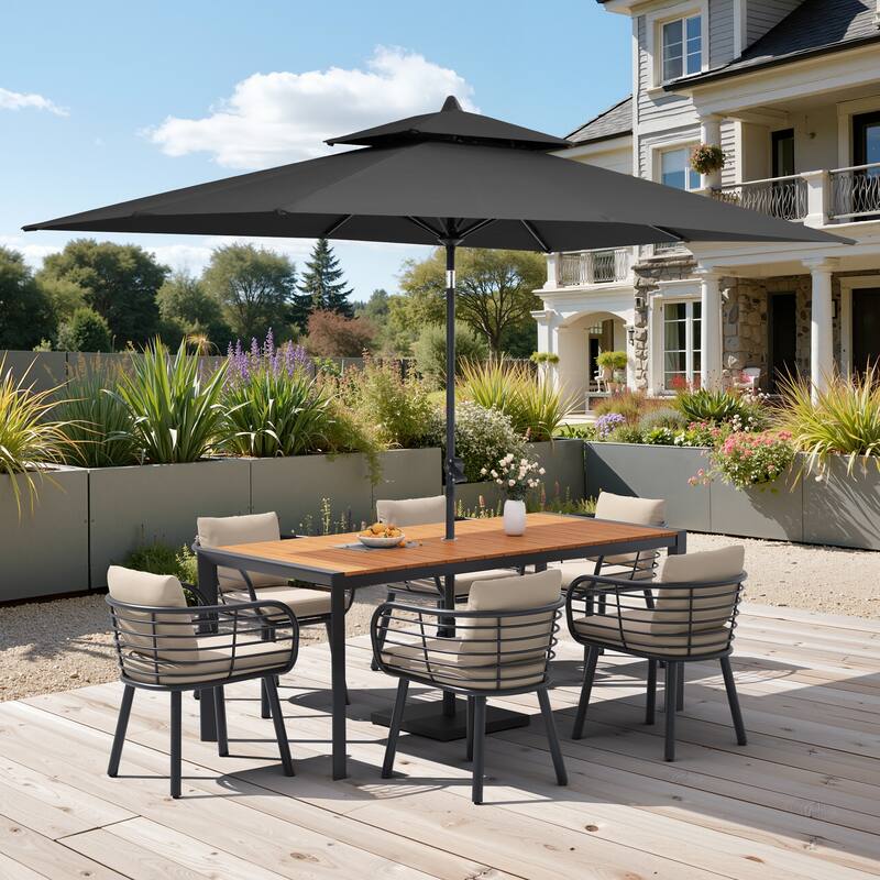 9/11-Piece Outdoor Patio Dining Set w/10 ft Umbrella and Base Aluminum Dining Table and Dining Chairs with Sunbrella Cushions